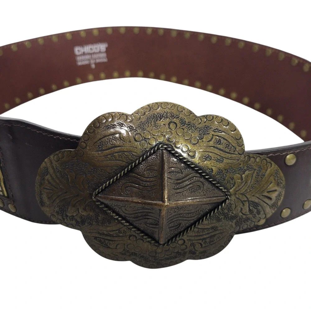 Chicos Chunky Embellished Leather Belt Brown Etched Buckle Stud Embroidery Small